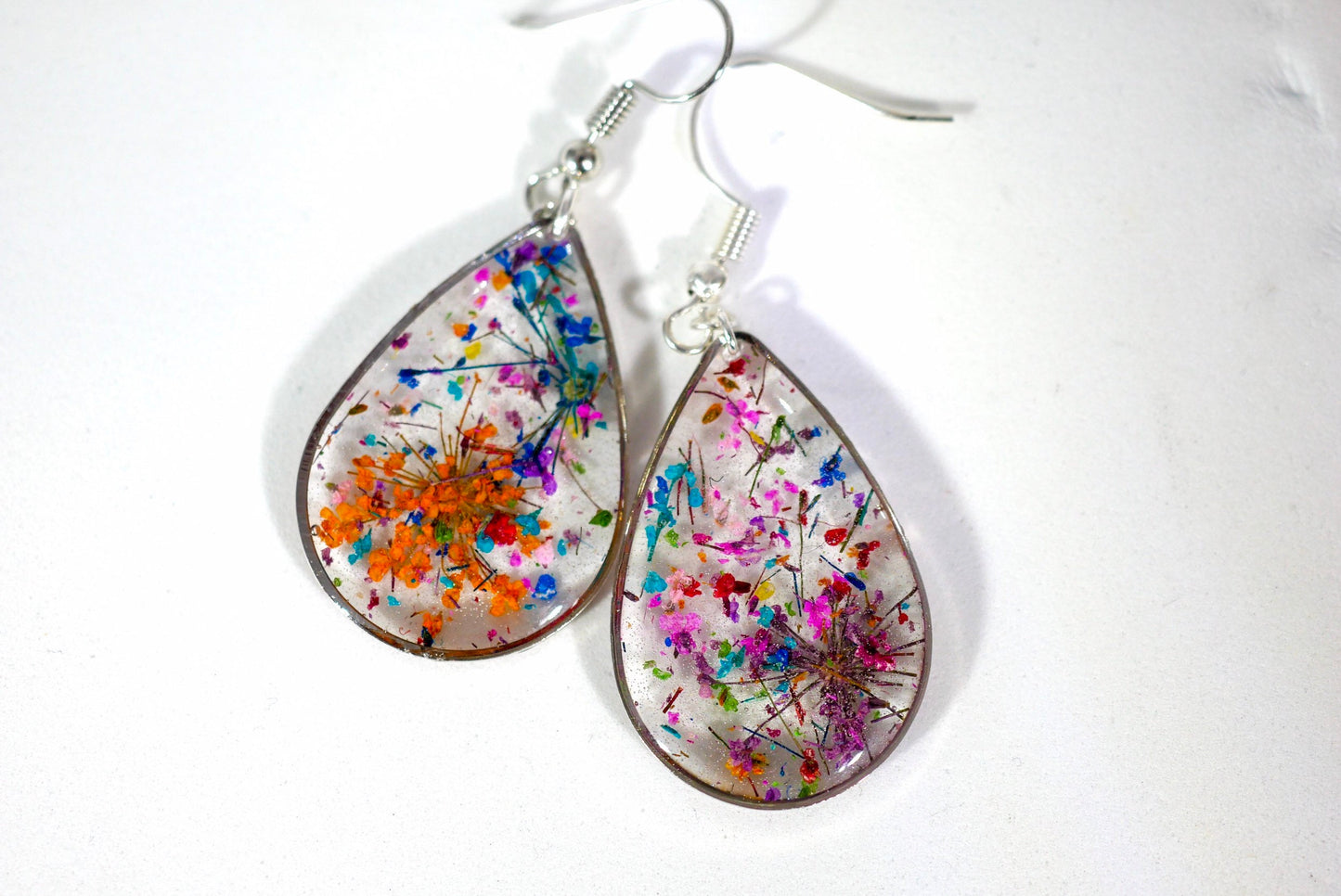 Flower confetti teardrop earrings, pressed flower jewelry, bright flower dangle earrings, real flower earrings
