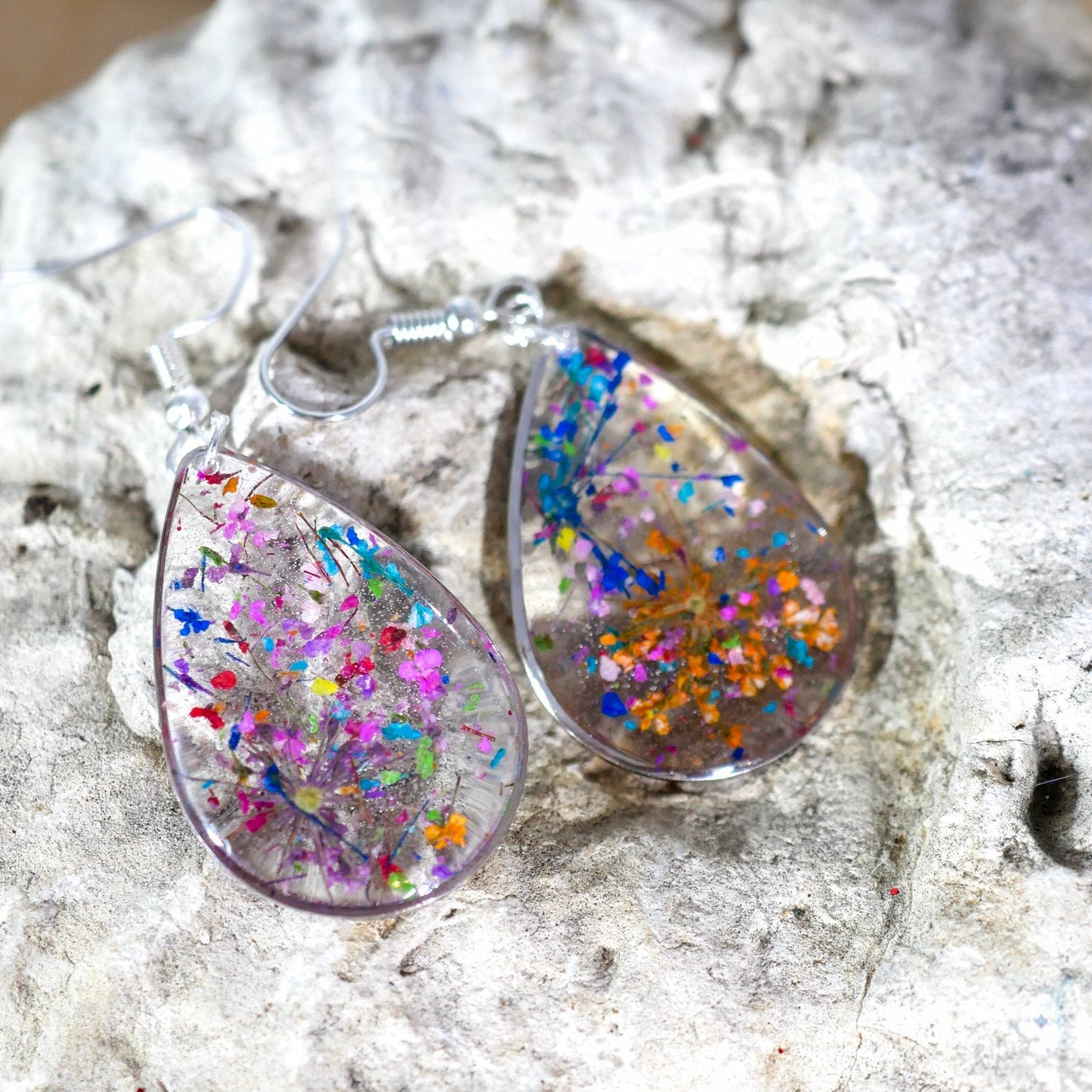 Flower confetti teardrop earrings, pressed flower jewelry, bright flower dangle earrings, real flower earrings