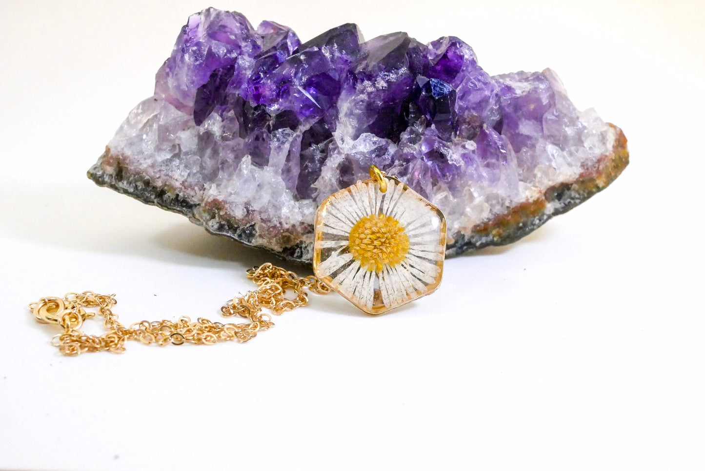 Tiny English Daisy necklace, hexagon fleabane necklace, botanical jewelry, Real flower terrarium