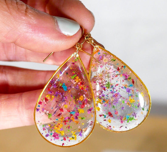 Large Flower confetti tear drop earrings, pressed flower jewelry, bright flower statement dangle earrings, real flower earrings