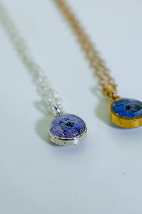 Tiny Forget Me Not Charm Necklace, botanical, Pressed flower jewelry, Memorial necklace, Real flower necklace, 24k gold fill, sterling