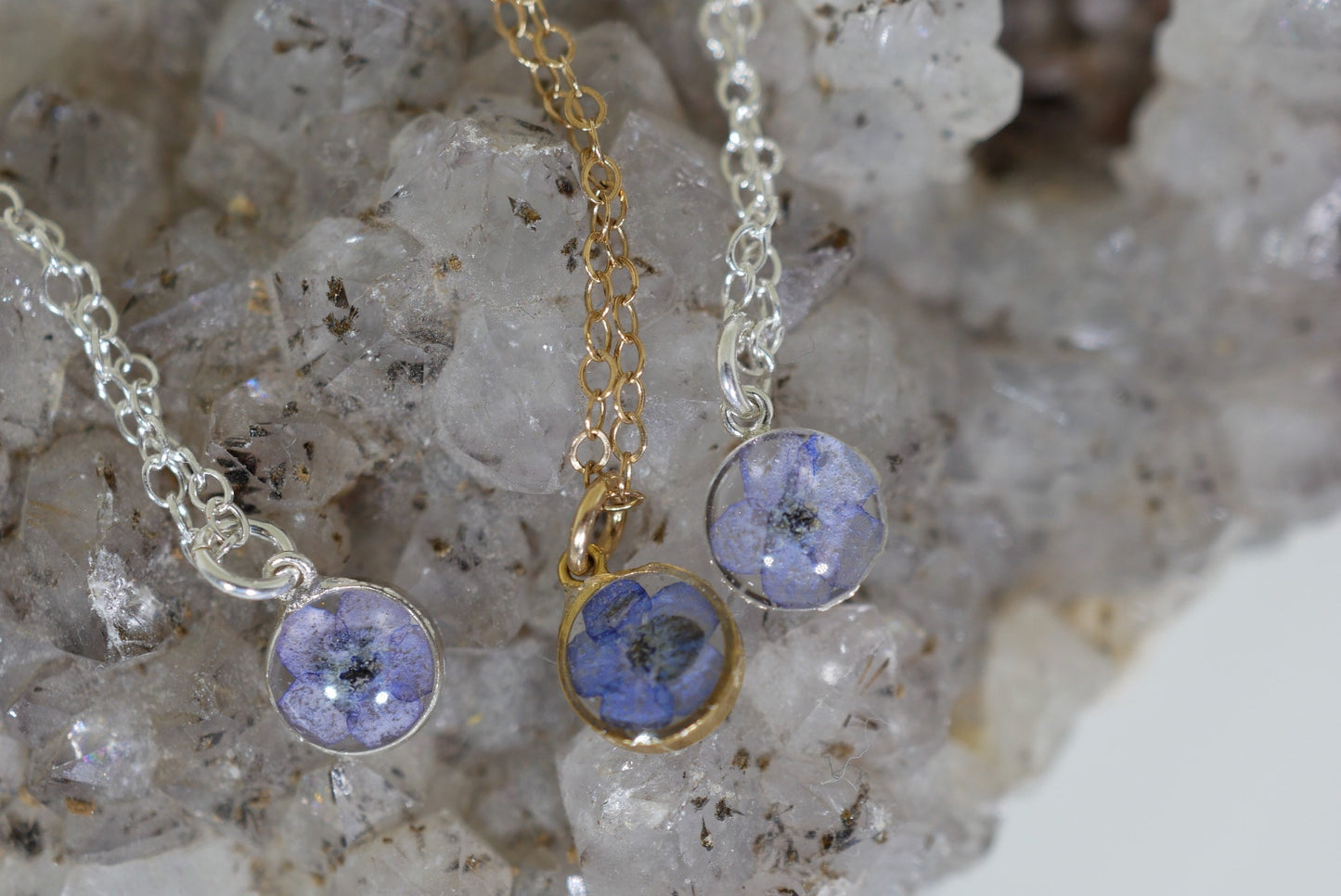 Tiny Forget Me Not Charm Necklace, botanical, Pressed flower jewelry, Memorial necklace, Real flower necklace, 24k gold fill, sterling