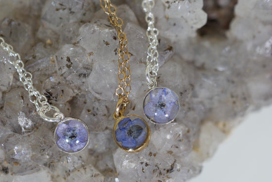 Tiny Forget Me Not Charm Necklace, botanical, Pressed flower jewelry, Memorial necklace, Real flower necklace, 24k gold fill, sterling