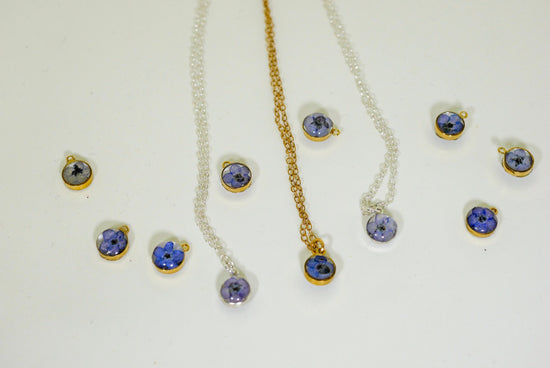 Tiny Forget Me Not Charm Necklace, botanical, Pressed flower jewelry, Memorial necklace, Real flower necklace, 24k gold fill, sterling