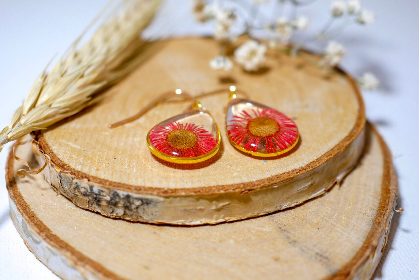 Pressed flower earrings, red daisy earrings, real flower jewelry, botanical dangles, Nature terrarium earrings, dainty flower drops
