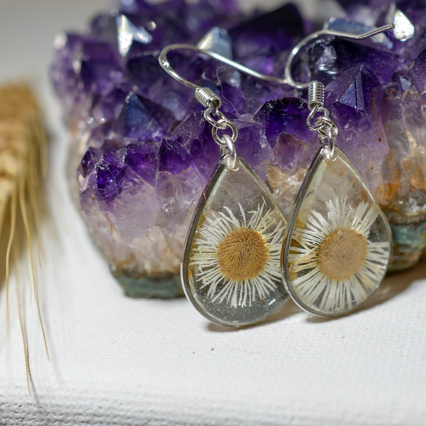 Pressed daisy earrings, real flower jewelry, white flower silver dangles, Nature terrarium earrings, dainty flower drops, tiny daisies