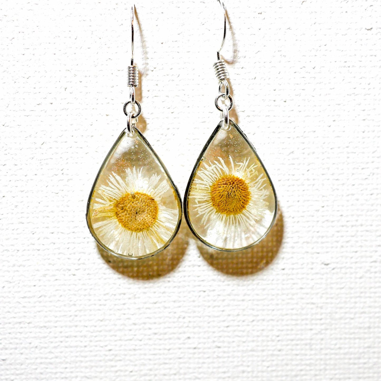 Pressed daisy earrings, real flower jewelry, white flower silver dangles, Nature terrarium earrings, dainty flower drops, tiny daisies