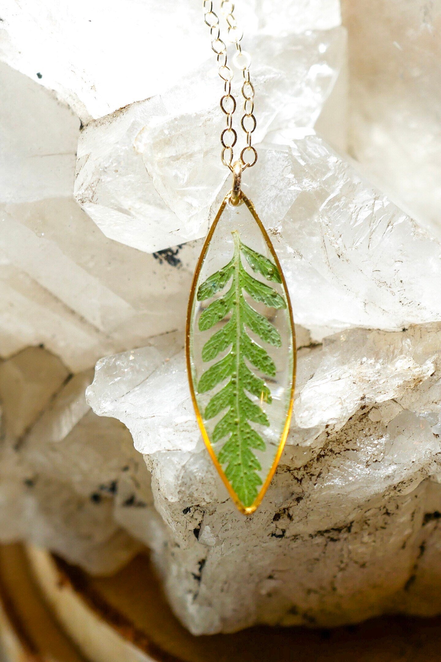 Dainty pressed Fern Leaf Necklace, Pressed fern jewelry, ellipse necklace, nature gift, terrarium necklace