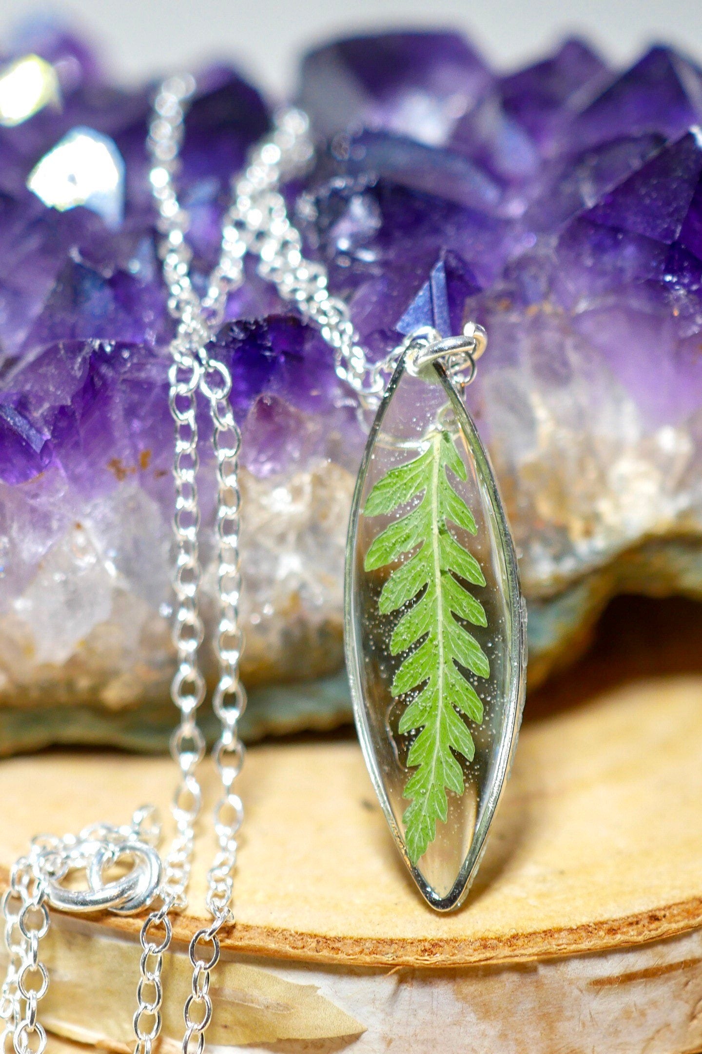 Tiny pressed Fern Necklace, Pressed fern jewelry, tiny hexagon fern, nature lovers necklace