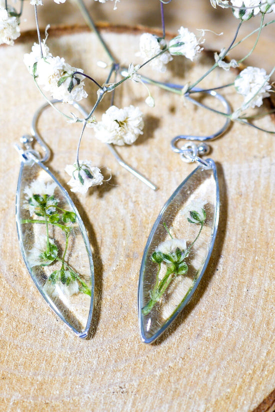 Babys Breath earrings, real flower nature dangles, dainty terrarium earrings, marquise earrings, woodland bridal