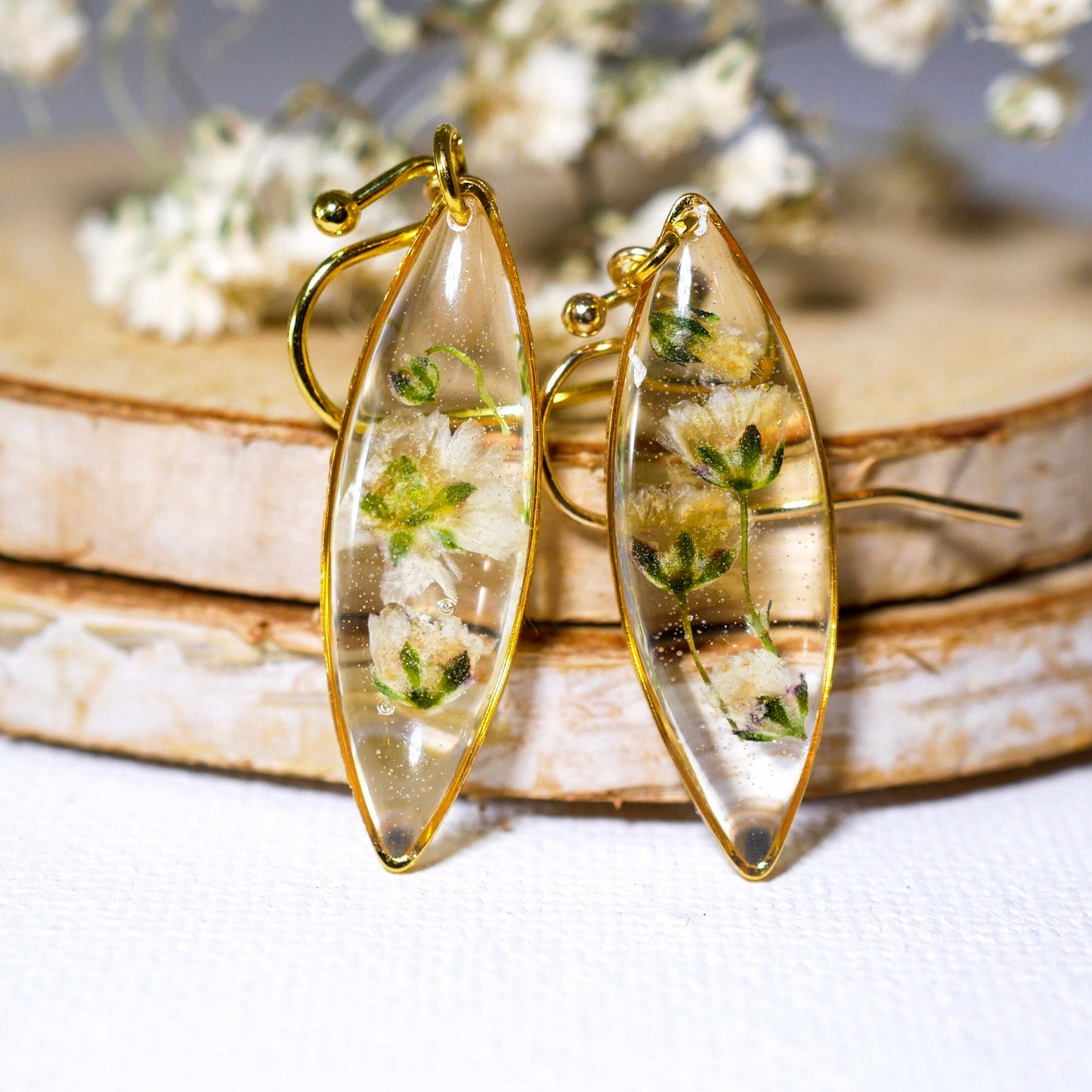 Babys Breath earrings, real flower nature dangles, dainty terrarium earrings, marquise earrings, woodland bridal