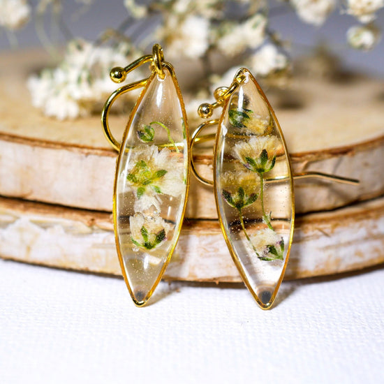 Babys Breath earrings, real flower nature dangles, dainty terrarium earrings, marquise earrings, woodland bridal