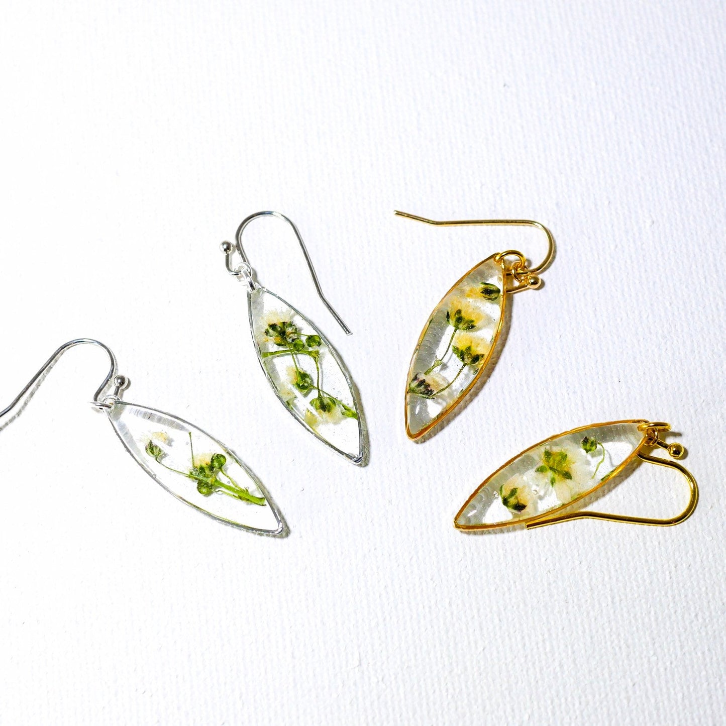 Babys Breath earrings, real flower nature dangles, dainty terrarium earrings, marquise earrings, woodland bridal