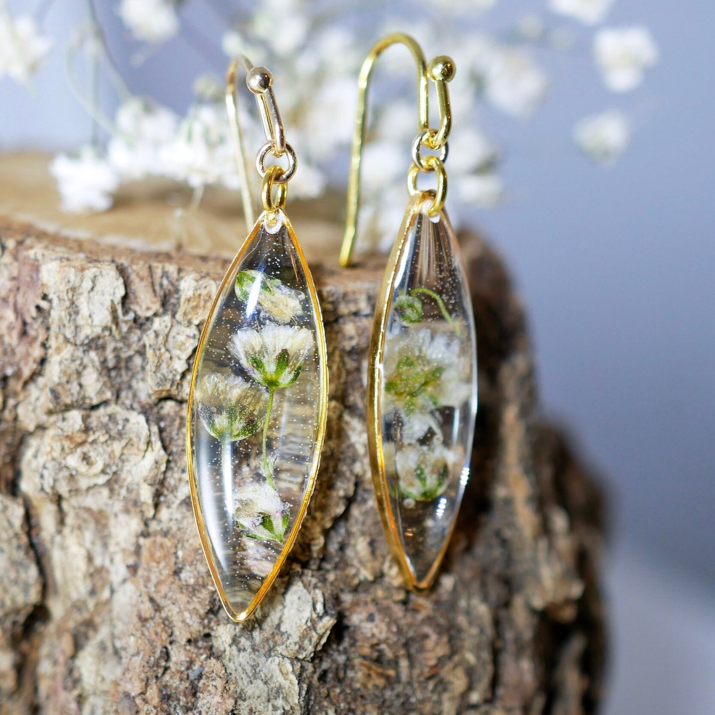 Babys Breath earrings, real flower nature dangles, dainty terrarium earrings, marquise earrings, woodland bridal