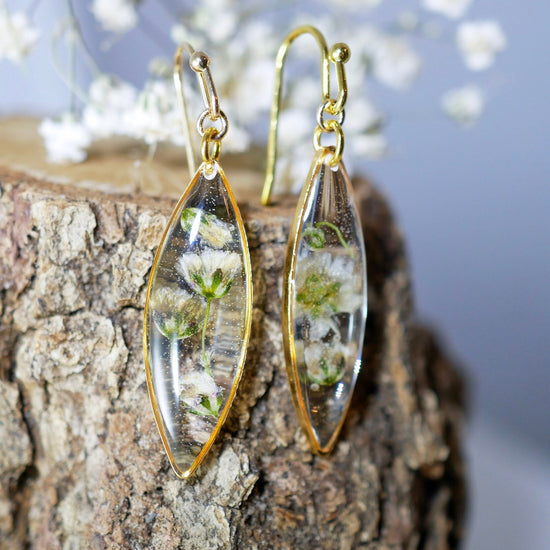 Babys Breath earrings, real flower nature dangles, dainty terrarium earrings, marquise earrings, woodland bridal