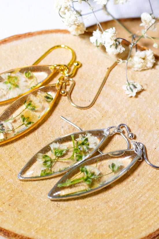 Babys Breath earrings, real flower nature dangles, dainty terrarium earrings, marquise earrings, woodland bridal
