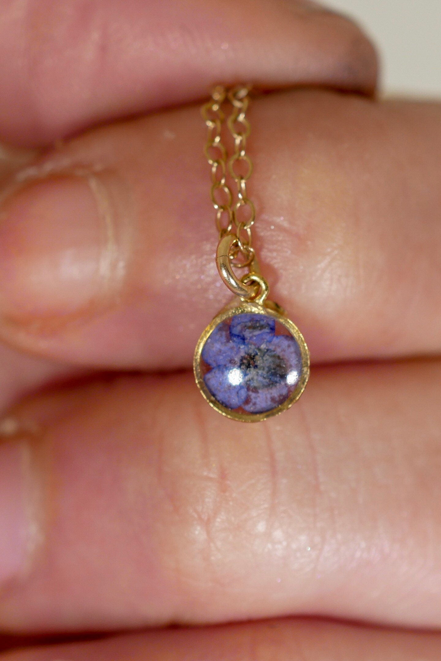 Tiny Forget Me Not Charm Necklace, botanical, Pressed flower jewelry, Memorial necklace, Real flower necklace, 24k gold fill, sterling