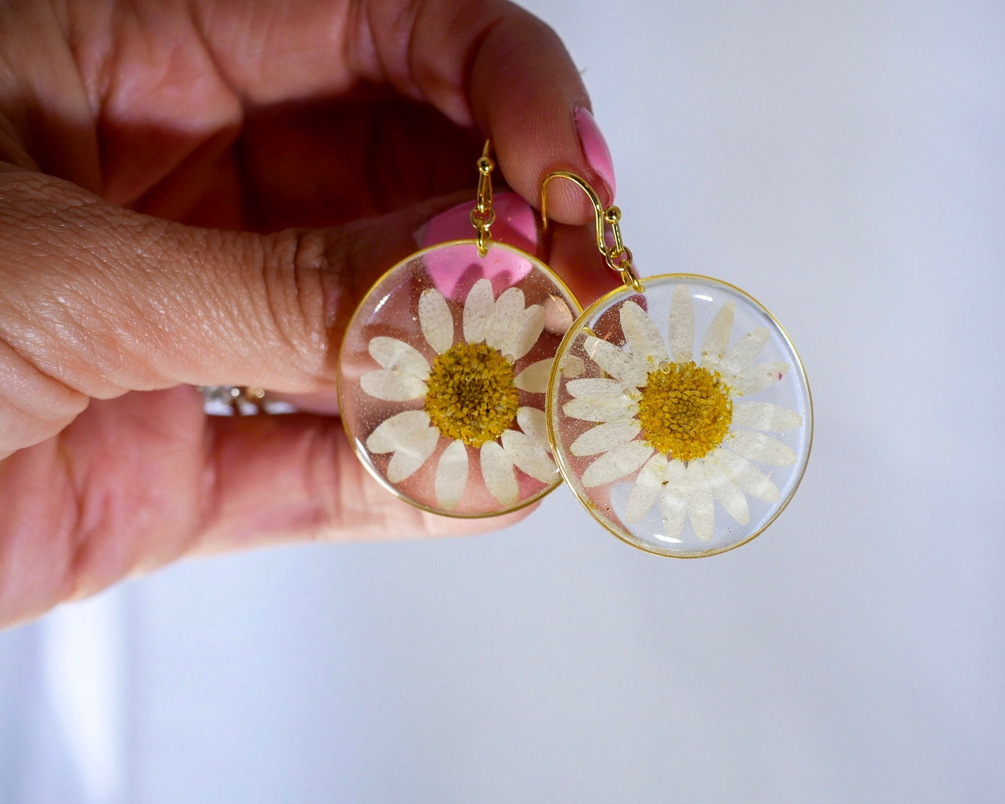 Pressed flower daisy earrings, real flowers,  silver statement dangles,  terrarium earrings, real flower jewelry