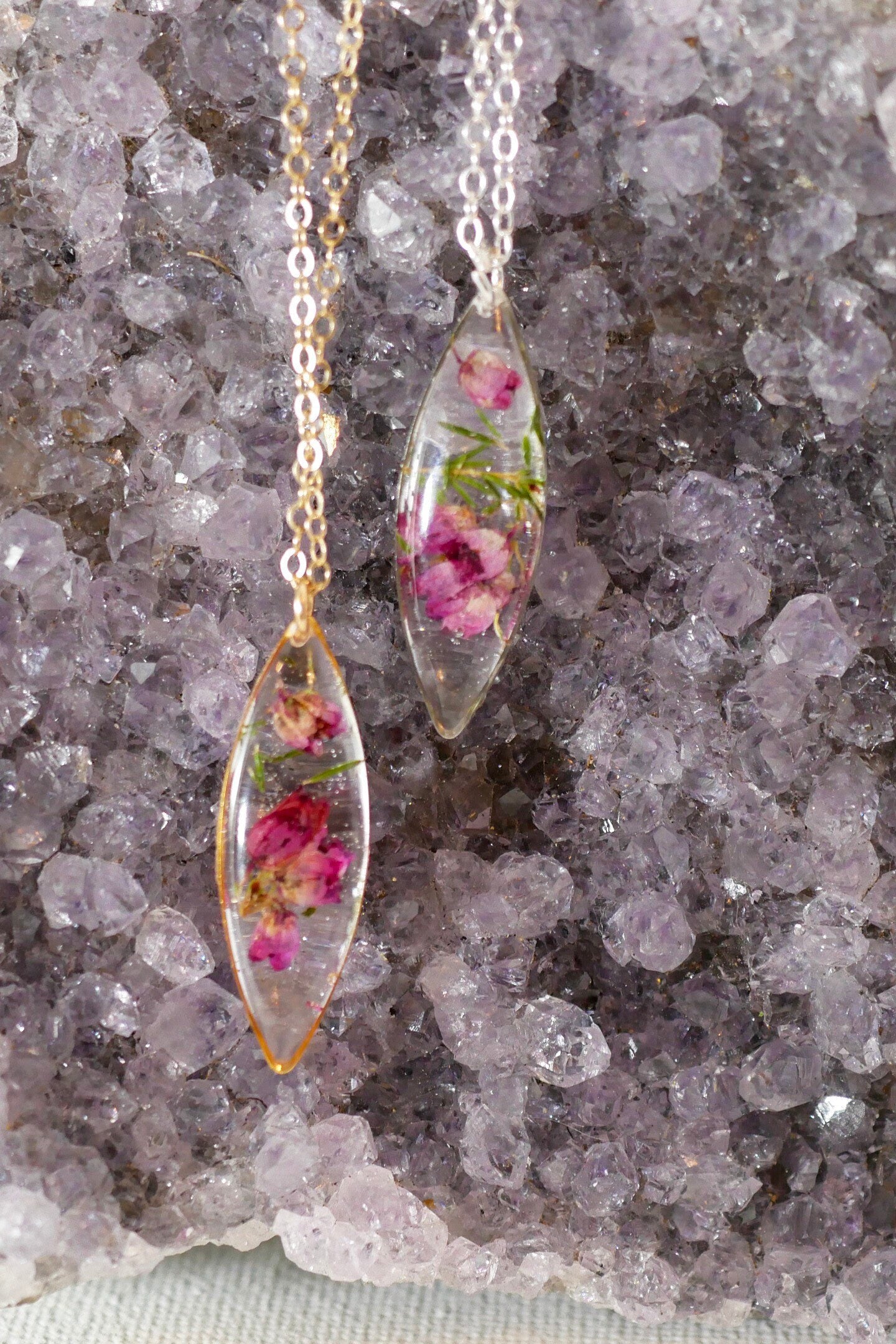 Real Heather Necklace, Resin Flower Necklace ,  Real Plant Jewelry,  Terrarium Necklace Wearable Plant Necklace, marquise necklace