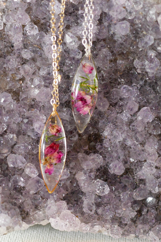 Real Heather Necklace, Resin Flower Necklace ,  Real Plant Jewelry,  Terrarium Necklace Wearable Plant Necklace, marquise necklace
