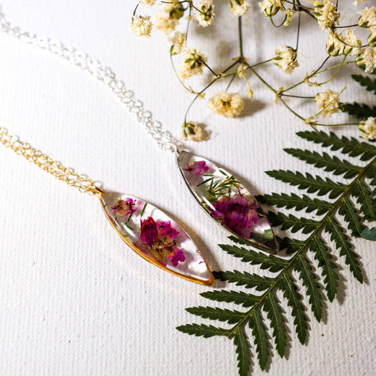 Real Heather Necklace, Resin Flower Necklace ,  Real Plant Jewelry,  Terrarium Necklace Wearable Plant Necklace, marquise necklace