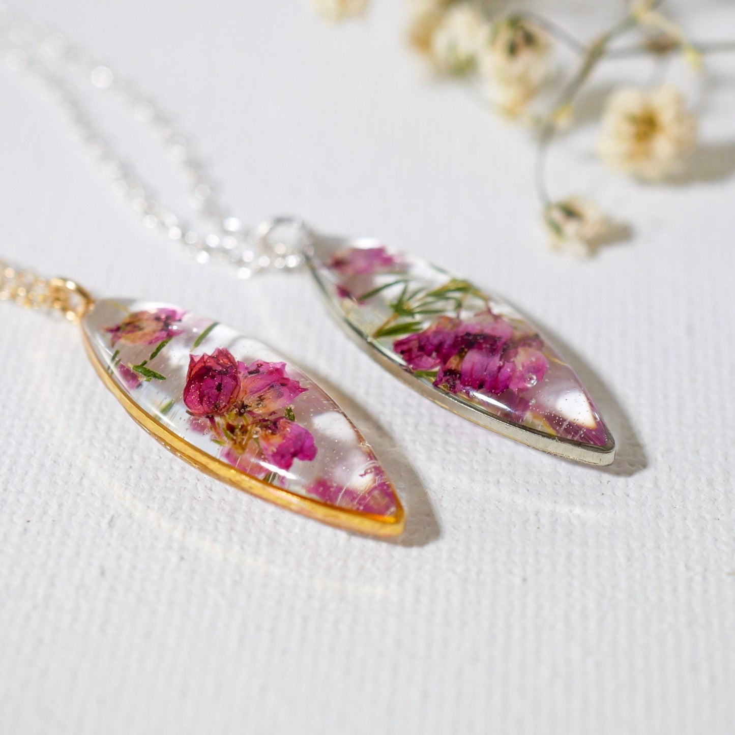 Pressed Heather dainty necklace, Flowers in resin, Botanical marquis necklace, minimal flower, pressed flower jewelry