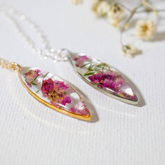 Pressed Heather dainty necklace, Flowers in resin, Botanical marquis necklace, minimal flower, pressed flower jewelry