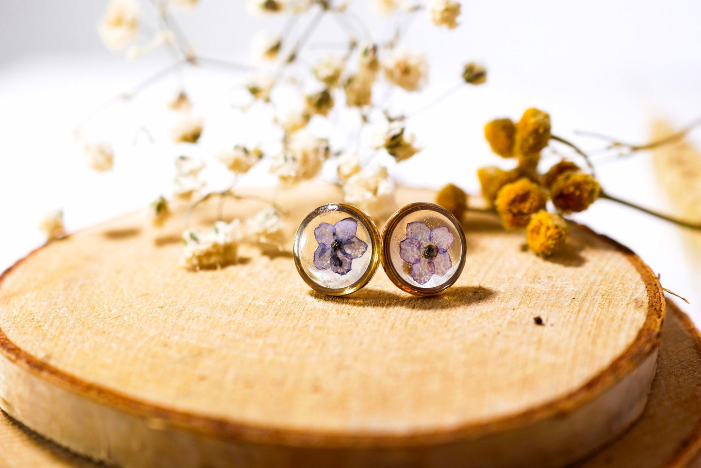 Forget Me Not Flower Stud Earrings, Real Pressed Flowers (10mm Circle)