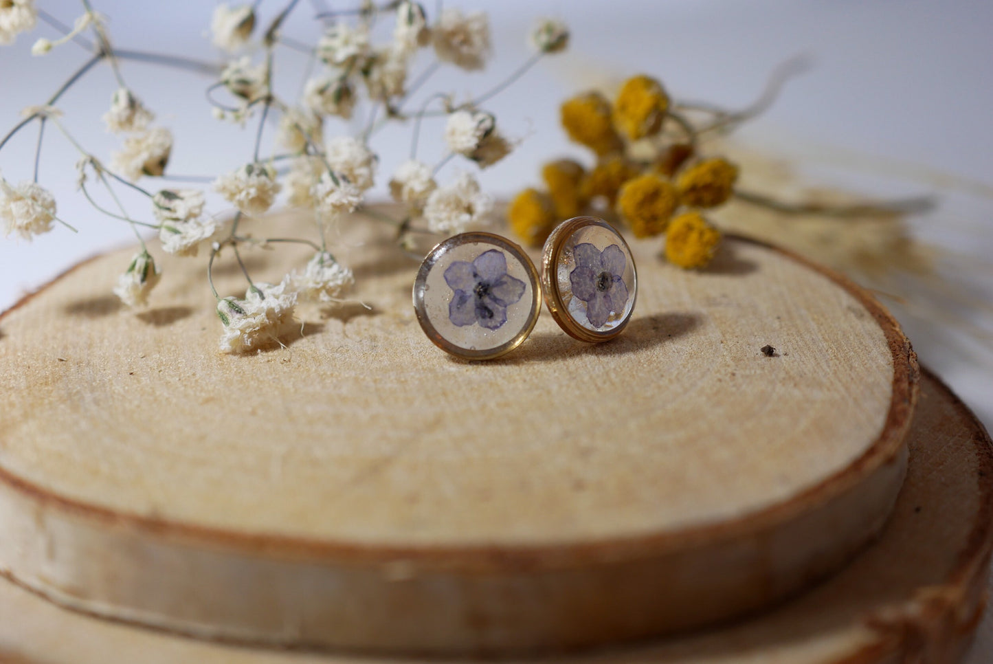 Forget Me Not Flower Stud Earrings, Real Pressed Flowers (10mm Circle)
