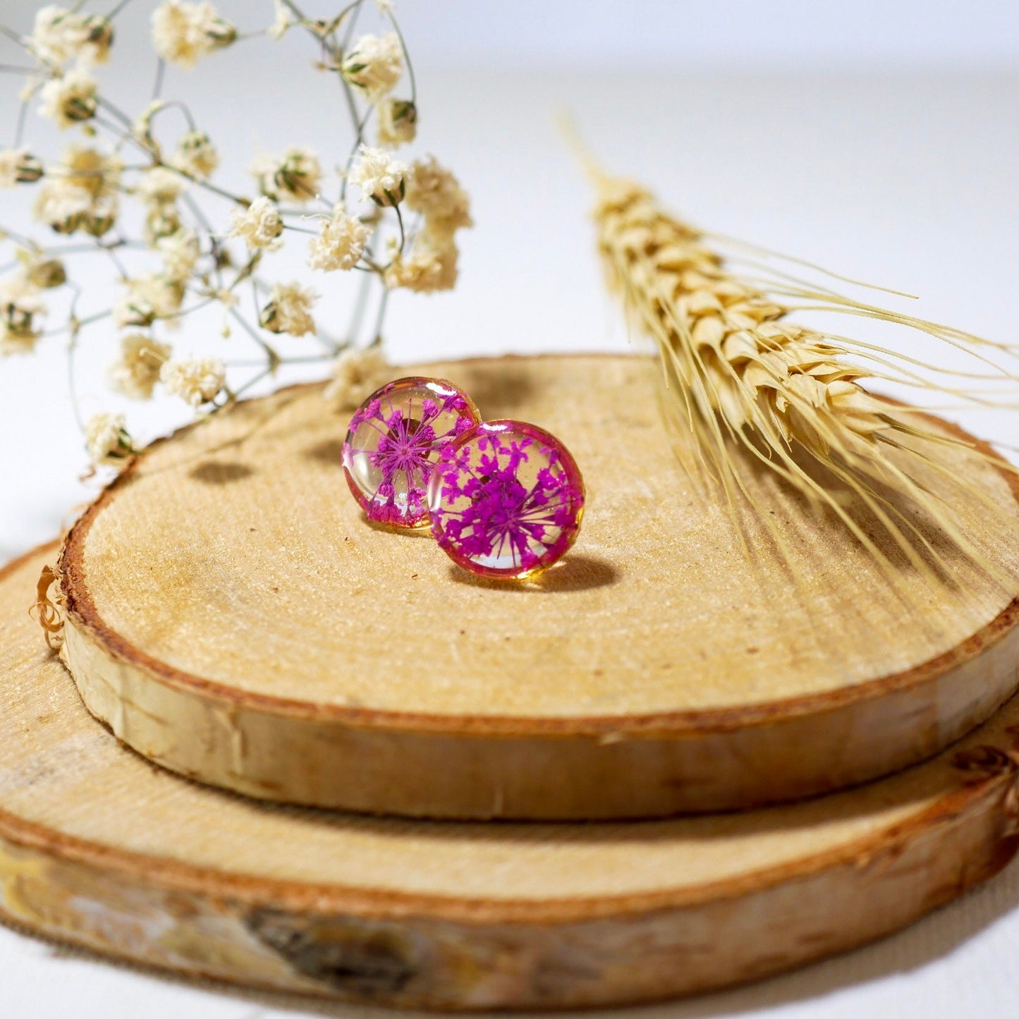 Queen Anne's Lace Earrings: Pink Pressed Flowers (Dainty Resin Studs)