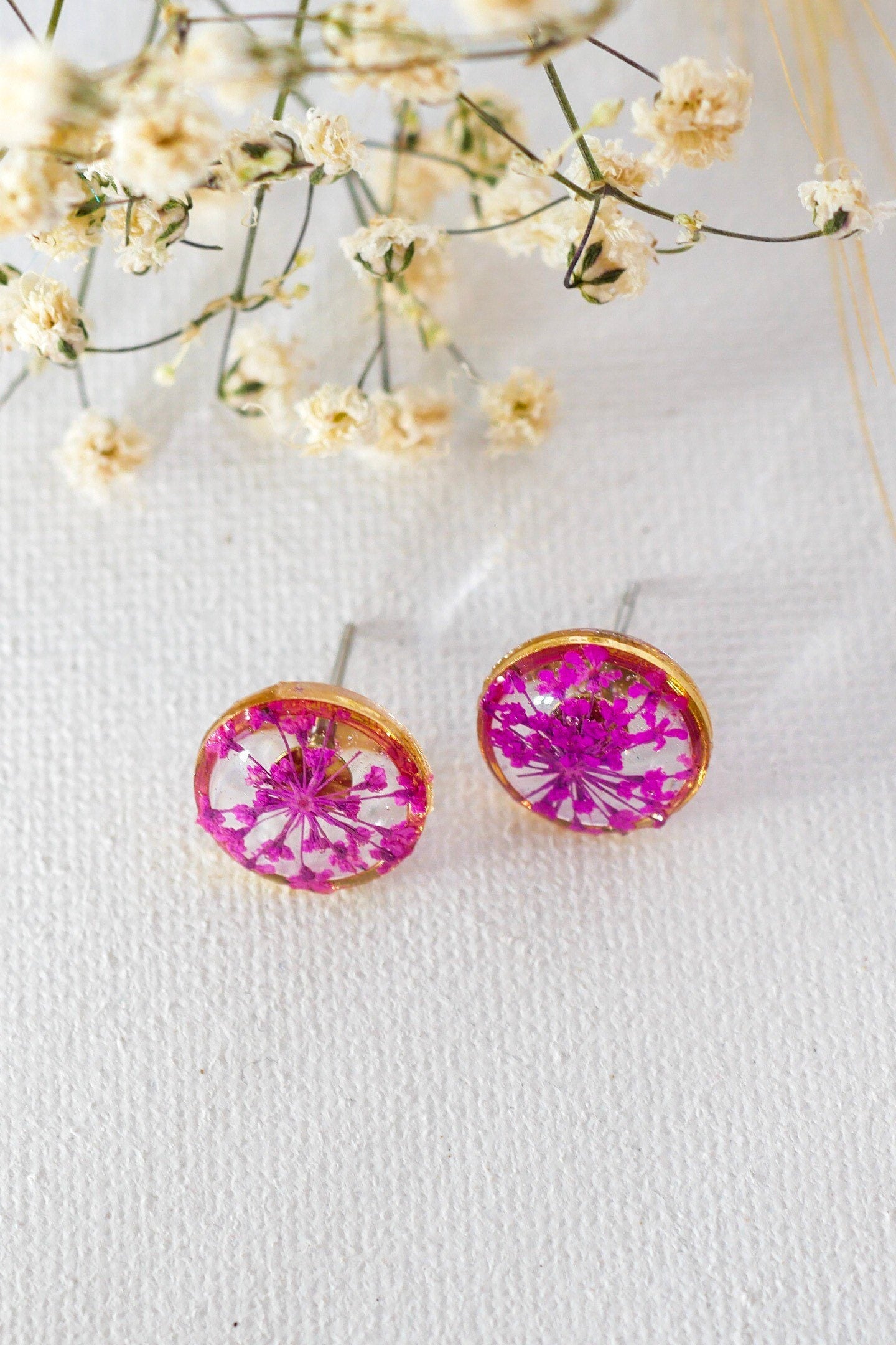 Queen Anne's Lace Earrings: Pink Pressed Flowers (Dainty Resin Studs)