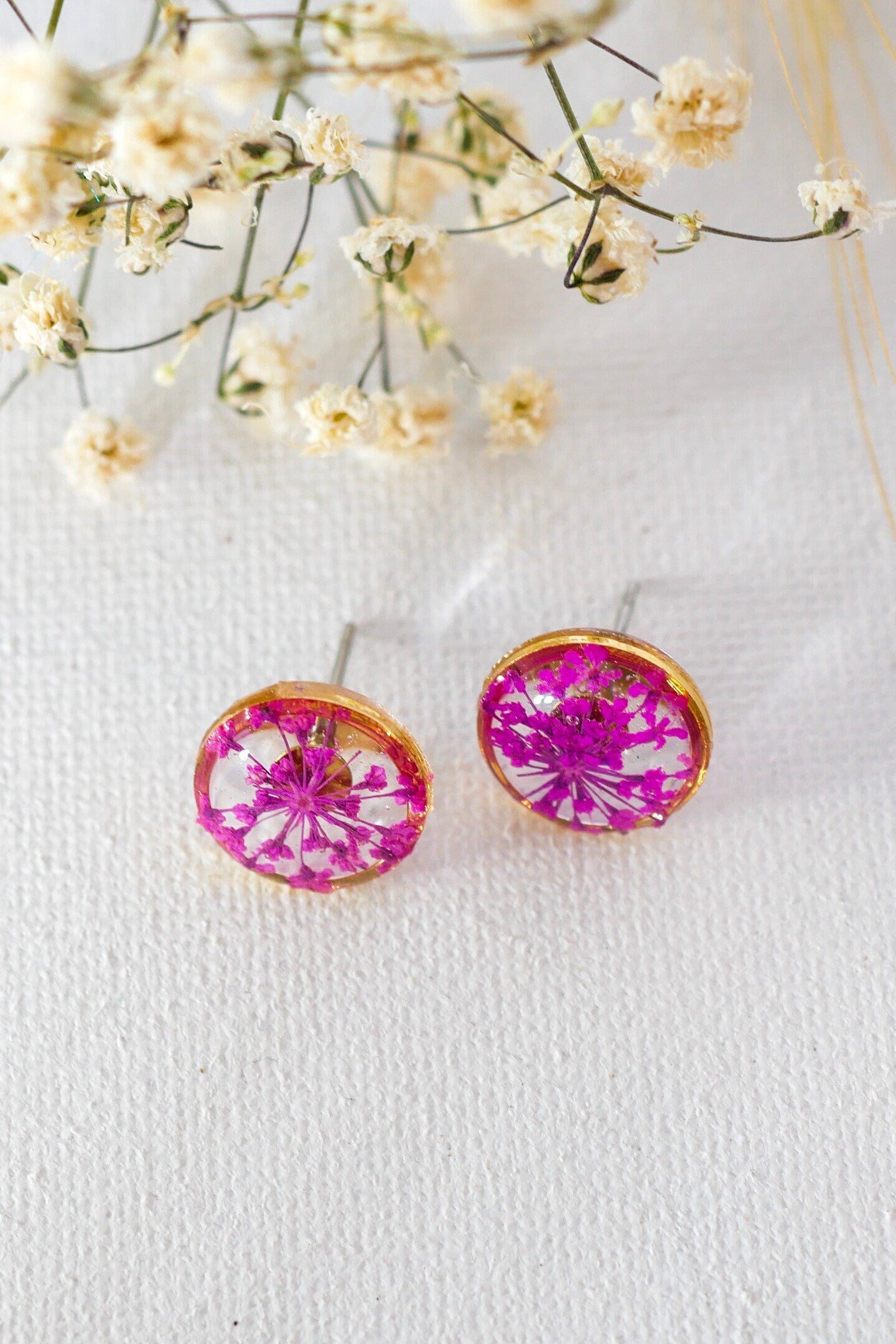 Pink Queen Anne's Lace stud earrings, Pressed flower jewelry, dainty flower studs, Botanical jewelry