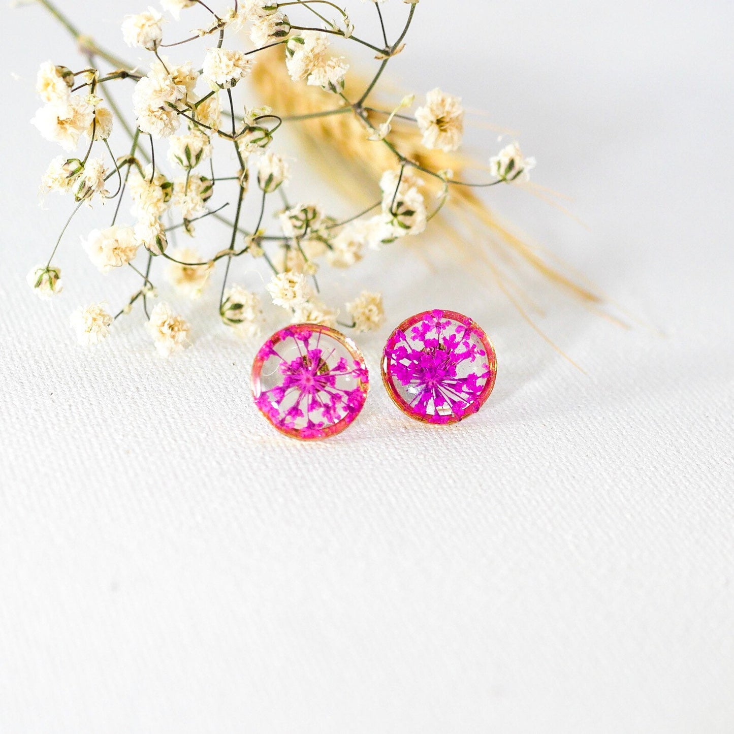 Pink Queen Anne's Lace stud earrings, Pressed flower jewelry, dainty flower studs, Botanical jewelry