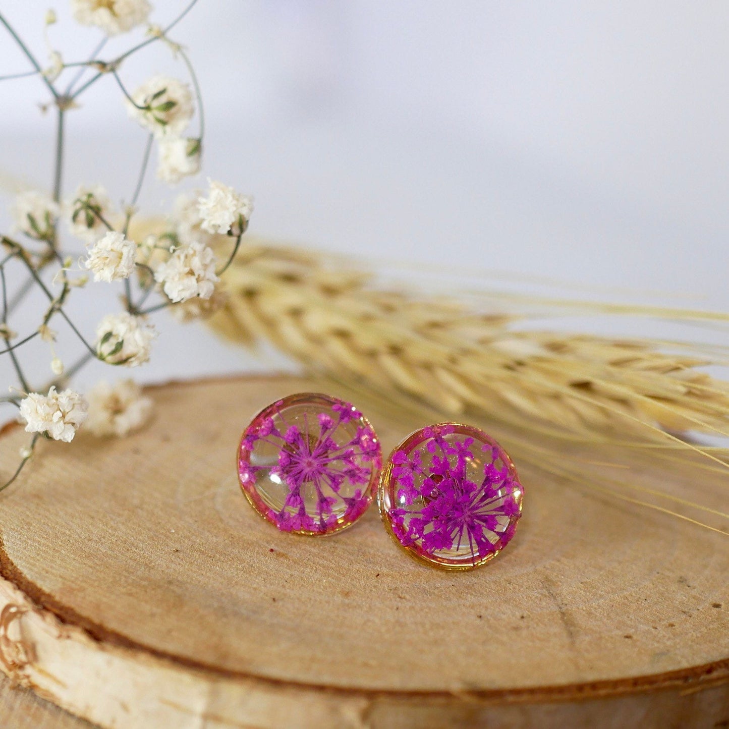 Pink Queen Anne's Lace stud earrings, Pressed flower jewelry, dainty flower studs, Botanical jewelry