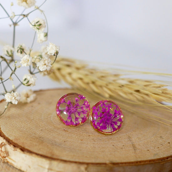 Pink Queen Anne's Lace stud earrings, Pressed flower jewelry, dainty flower studs, Botanical jewelry