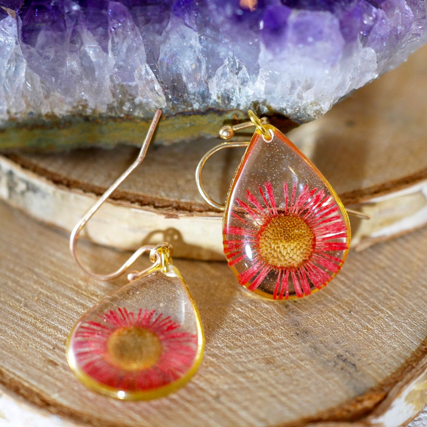 Pressed flower earrings, red daisy earrings, real flower jewelry, botanical dangles, Nature terrarium earrings, dainty flower drops