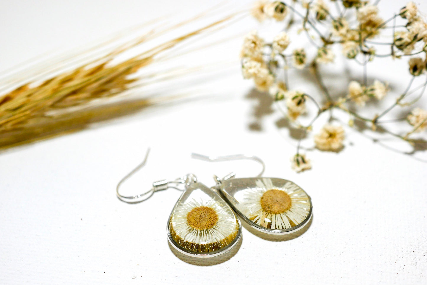 Pressed daisy earrings, real flower jewelry, white flower silver dangles, Nature terrarium earrings, dainty flower drops, tiny daisies