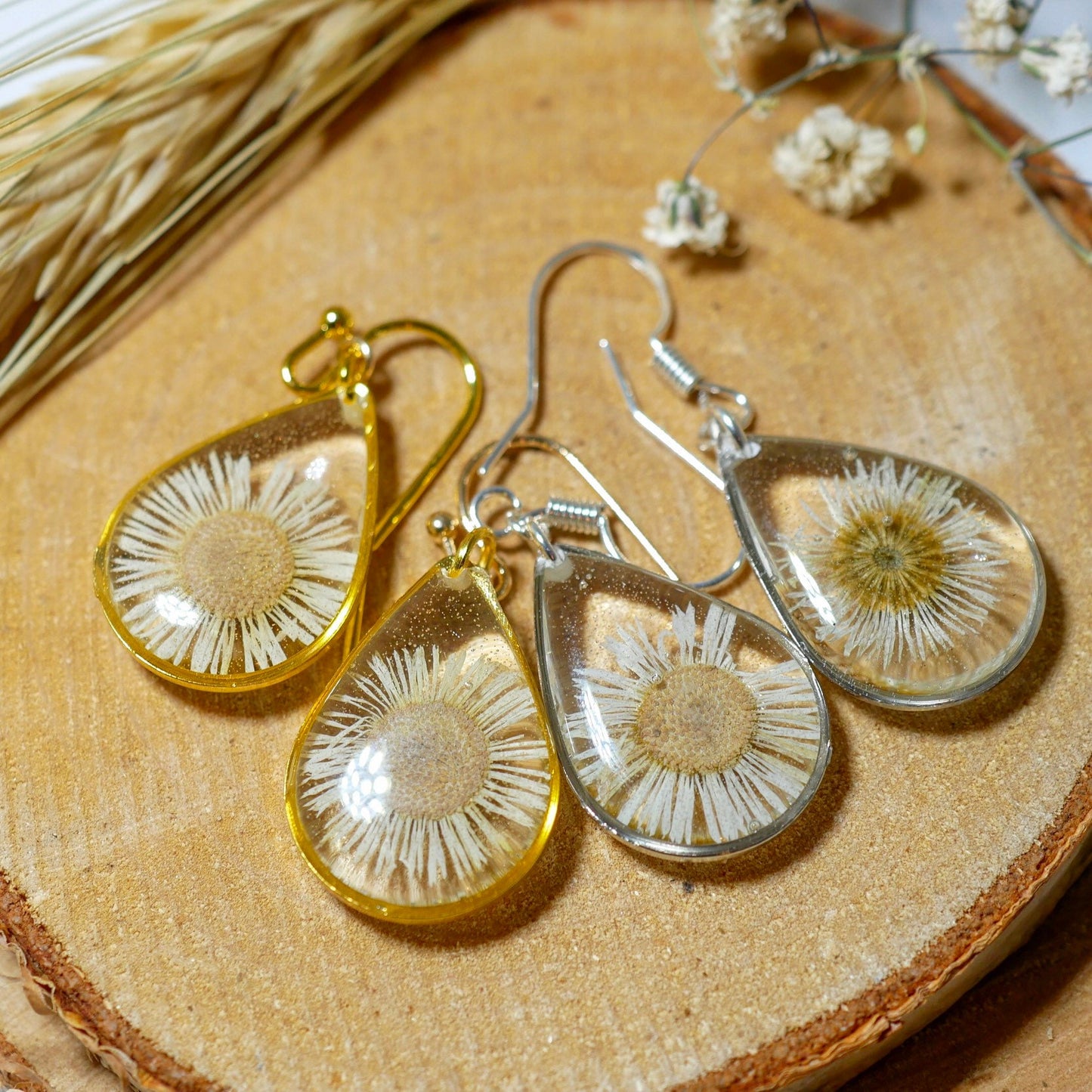 Pressed daisy earrings, real flower jewelry, white flower silver dangles, Nature terrarium earrings, dainty flower drops, tiny daisies
