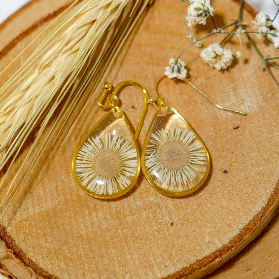 Pressed flower daisy earrings, real flowers,  gold dangles, Nature terrarium earrings, dainty flower teardrop English Daisies, teardrop