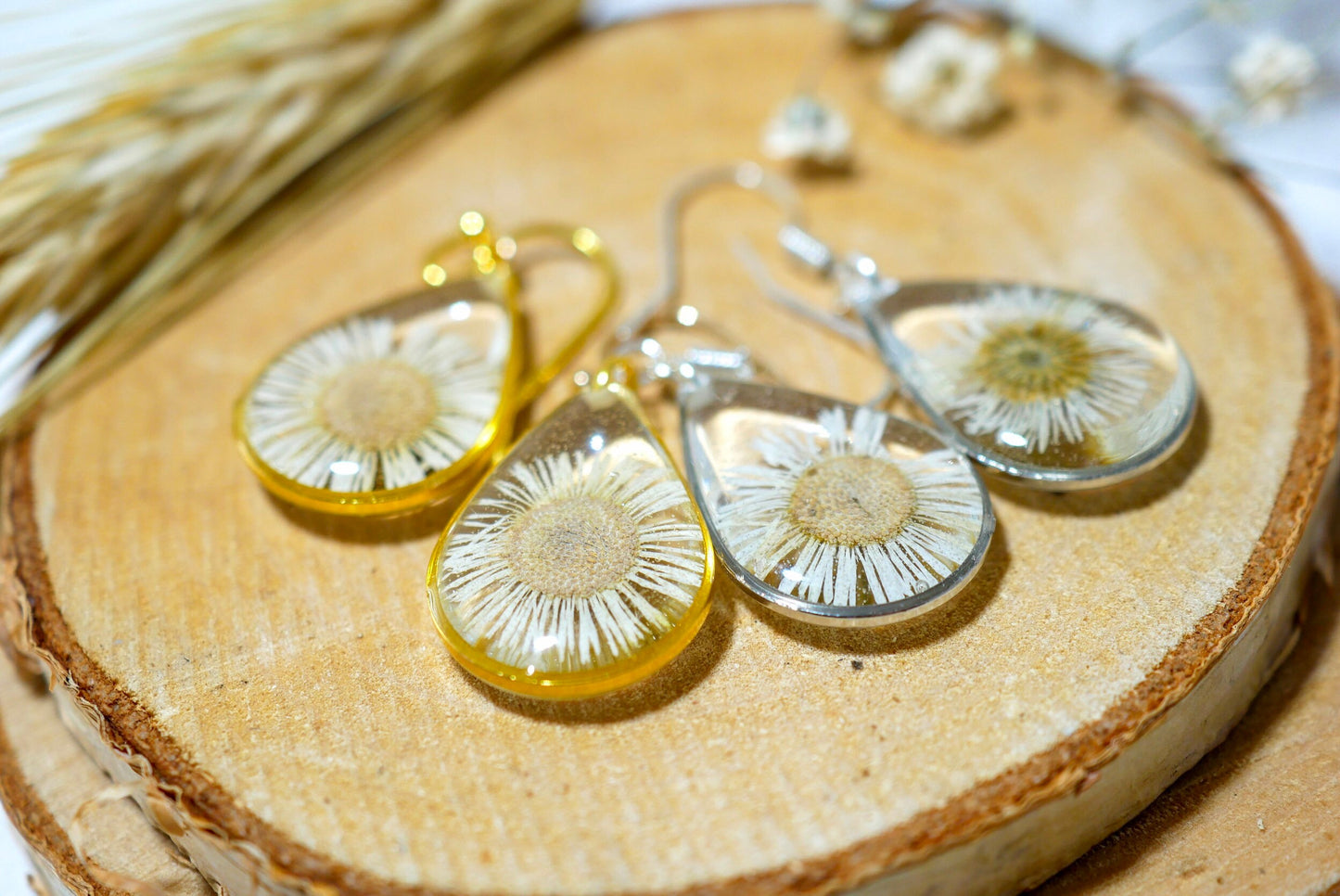 Pressed flower daisy earrings, real flowers,  gold dangles, Nature terrarium earrings, dainty flower teardrop English Daisies, teardrop
