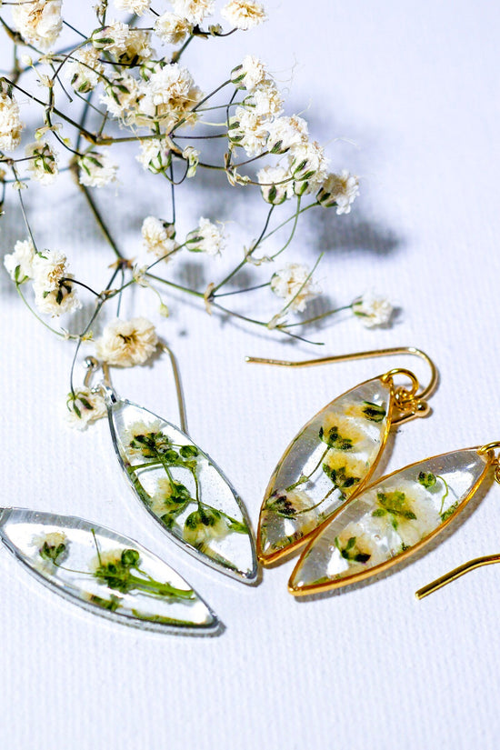 Babys Breath earrings, real flower nature dangles, dainty terrarium earrings, marquise earrings, woodland bridal
