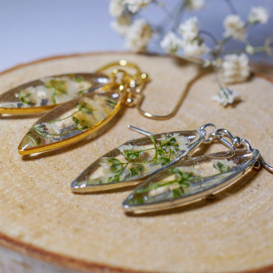 Babys Breath earrings, real flower nature dangles, dainty terrarium earrings, marquise earrings, woodland bridal