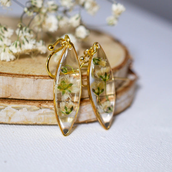 Babys Breath earrings, real flower nature dangles, dainty terrarium earrings, marquise earrings, woodland bridal