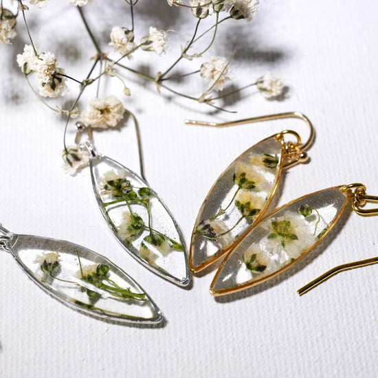 Babys Breath earrings, real flower nature dangles, dainty terrarium earrings, marquise earrings, woodland bridal