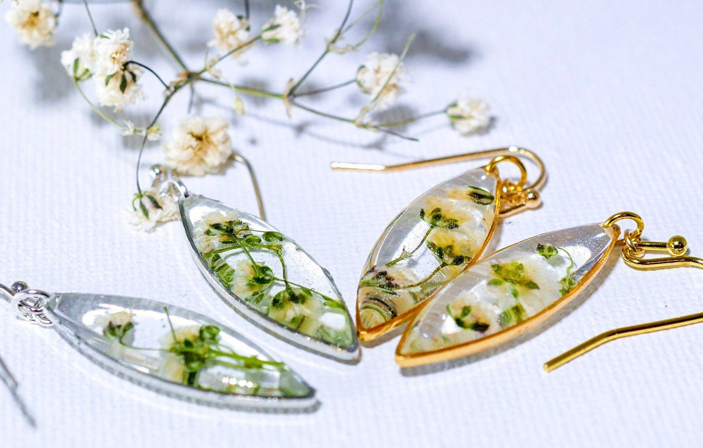 Babys Breath earrings, real flower nature dangles, dainty terrarium earrings, marquise earrings, woodland bridal