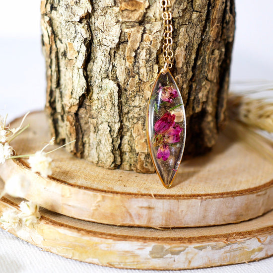 Real Heather Necklace, Resin Flower Necklace ,  Real Plant Jewelry,  Terrarium Necklace Wearable Plant Necklace, marquise necklace