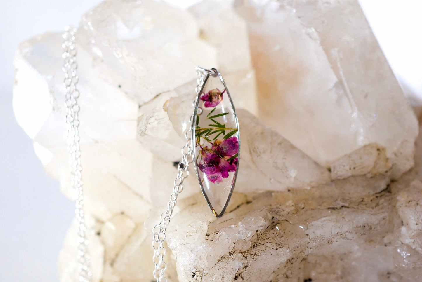 Pressed Heather dainty necklace, Flowers in resin, Botanical marquis necklace, minimal flower, pressed flower jewelry