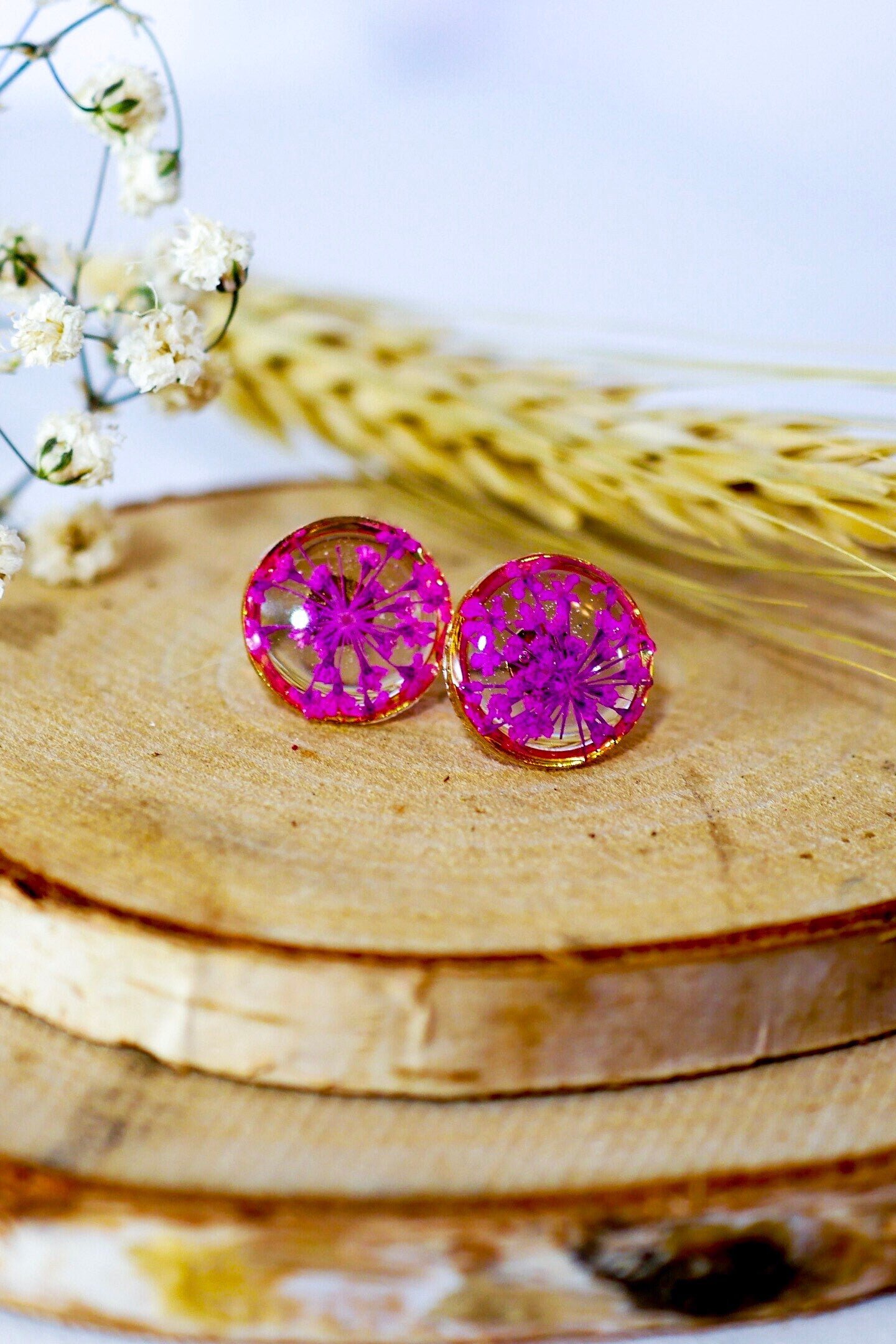 Pink Queen Anne's Lace stud earrings, Pressed flower jewelry, dainty flower studs, Botanical jewelry