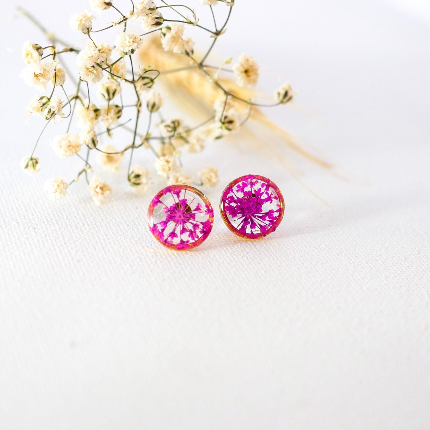 Pink Queen Anne's Lace stud earrings, Pressed flower jewelry, dainty flower studs, Botanical jewelry