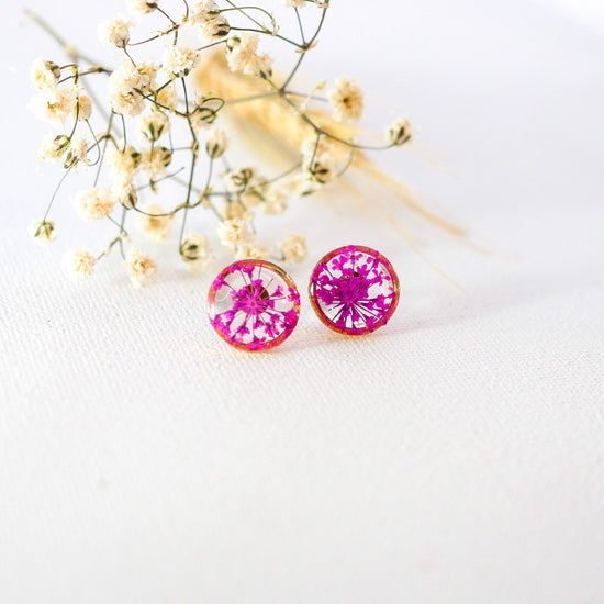 Pink Queen Anne's Lace stud earrings, Pressed flower jewelry, dainty flower studs, Botanical jewelry